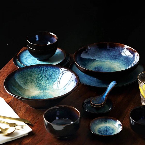 KINGLANG 2/4/6 person Dinner Set Japanese Bowl Set Household Ceramic Tableware Set Glaze Color Peacock Pattern Bowl Plate Set