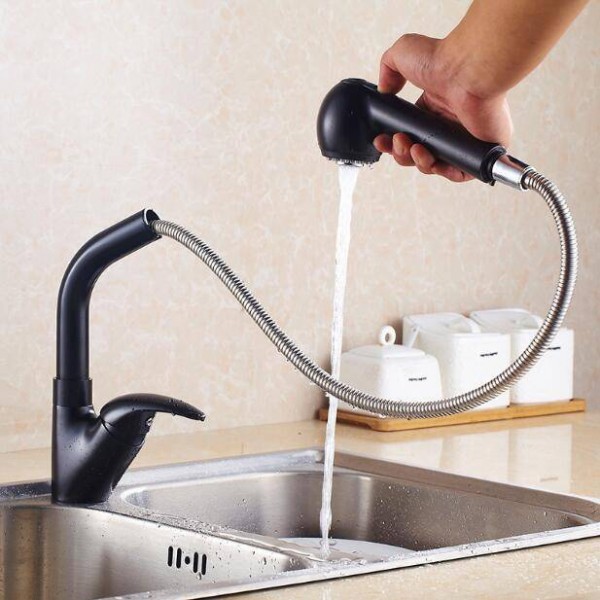 US Black Kitchen Swivel Spout Tall Pull Out Taps Mixer Deck Mounted Brass Faucet 