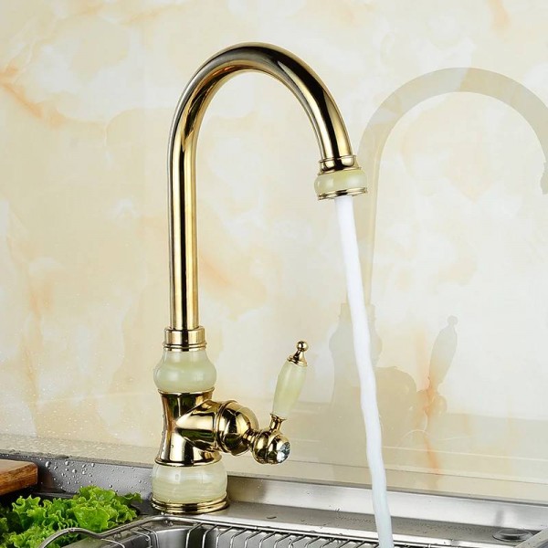 Kitchen Faucets Brass with Marble Kitchen Crane Single Handle Gold Finish 360 Swivel Mixers Taps Kitchen Tap Sink Mixer U-02