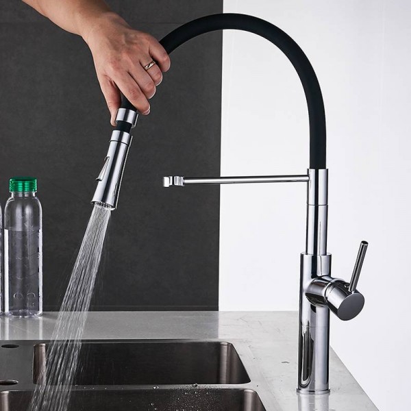 Faucet Swivel Kitchen Sink Pull Down Sprayer Mixer Crane Tap with Dual Spout