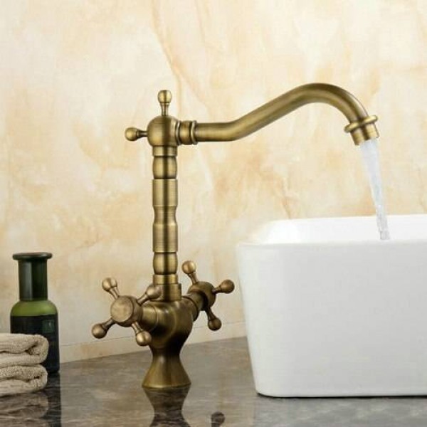 Kitchen Sink Bathroom basin Faucet mixer tap Antique Brass Finish Swivel Double Handle