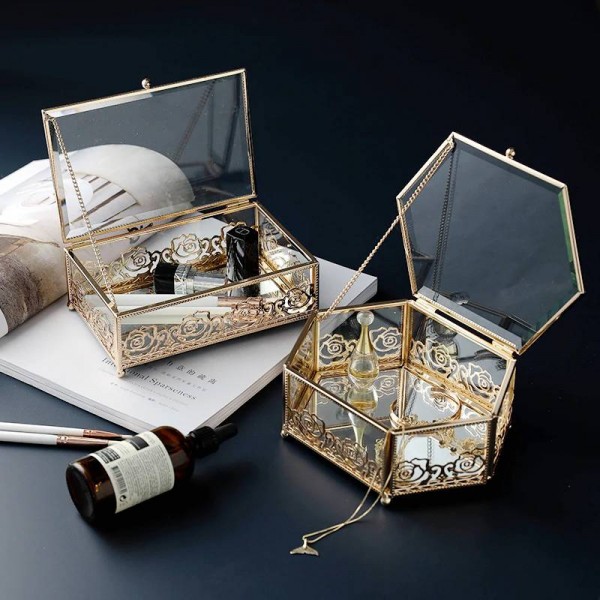 Light Luxury Glass Gold-plated Wrought Iron Jewelry Box Home Creative Lace Storage Box Bedroom Desktop Finishing Box