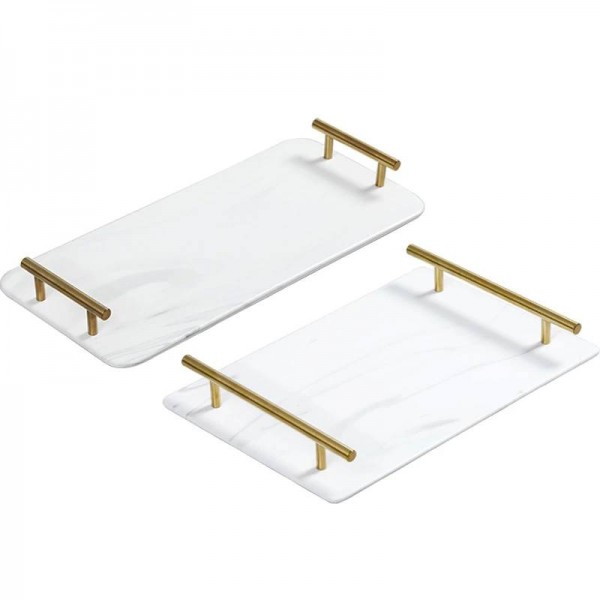 Luxury Marbled Rectangular Ceramic Tray Home Tea Tray Wash Tray Classic Marble Gold Handle