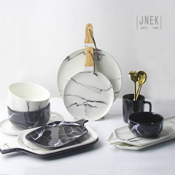 Marble Grain Plates Grey Hint Ceramic Dish Black White Marble Texture Ceramic Tableware Porcelain Plate Dish