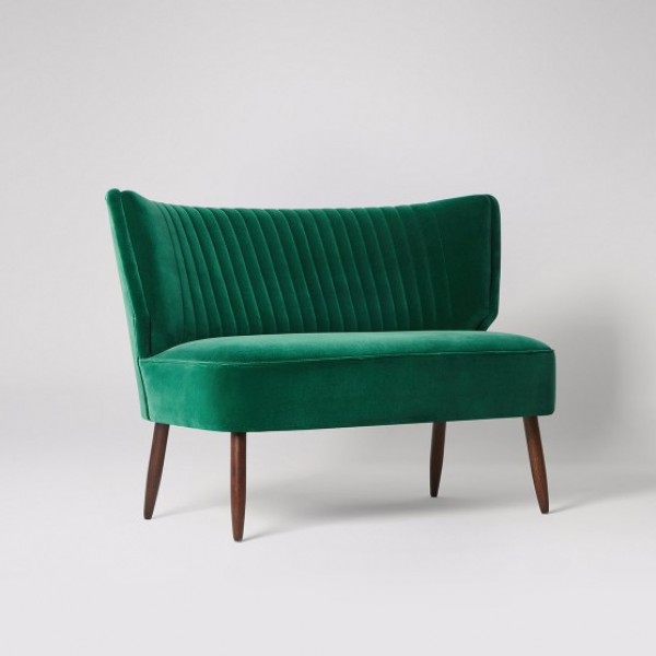 Mid-Century Modern Green Velvet Upholstered Armless 2-Seat Settee Sofa