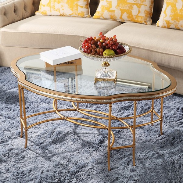 Mid-Century Unique 47" Antique Gold Coffee Table Glass Tabletop Iron Cocktail Table