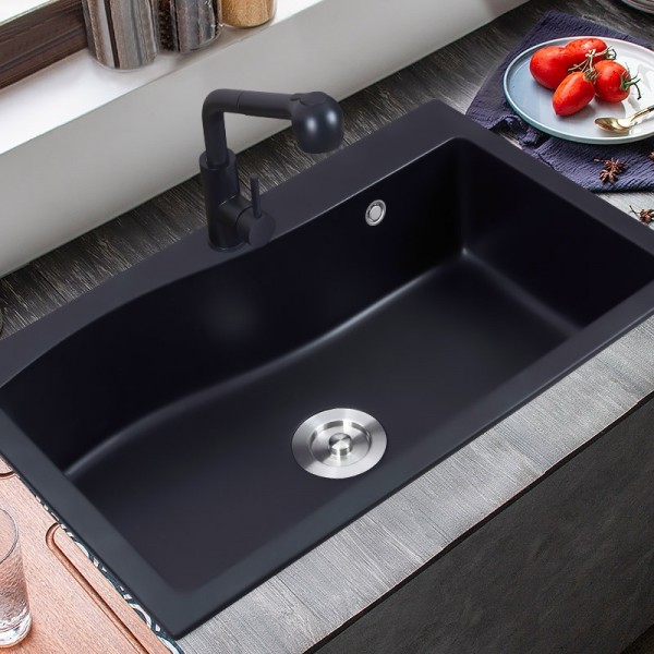Modern 30" Granite Kitchen Sink Rectangular Drop-in Sink Single Bowl Quartz Kitchen Sink Matte Black