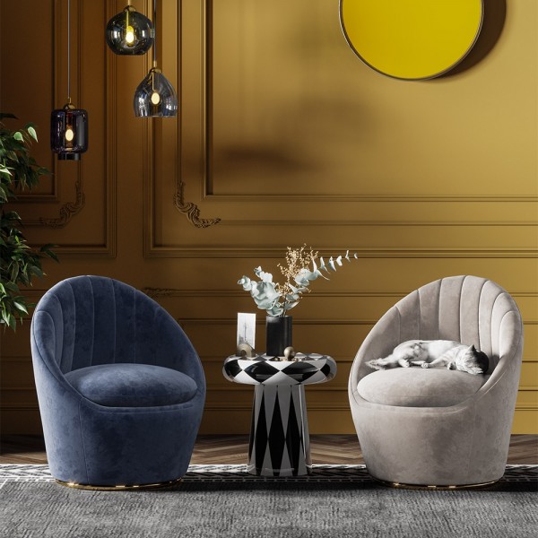 Modern Blue / Gray Barrel Chair Golden Base Velvet Upholstered Accent Chair