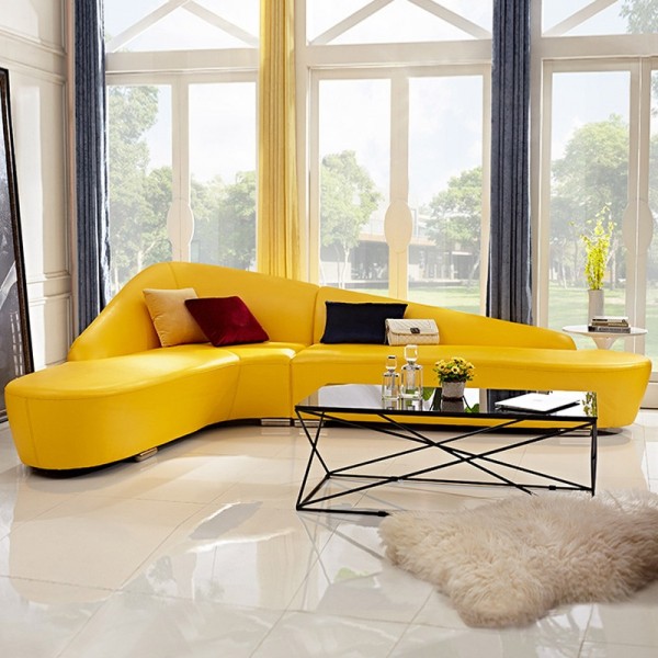 Modern Faux Leather Sectional Sofa Upholstered L-Shaped Corner Sofa Yellow Sectional Sofa
