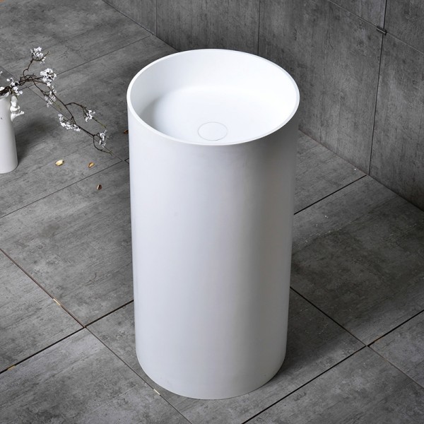 Modern Freestanding Sink Stone Resin Round Pedestal Sink in Matte/Glossy White for Bathroom