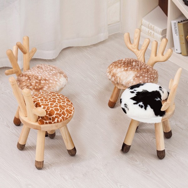 Modern Funny Animal Backrest Wood Stool Armless Accent Chair with 4-Leg for Kids in Oak Finish