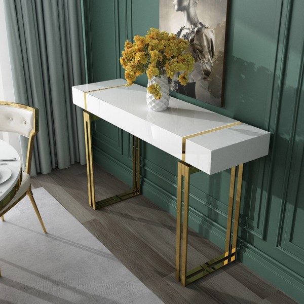 Modern Luxury White / Black Console Table with Drawer Storage Rectangular Entryway Table Stainless Steel in Gold
