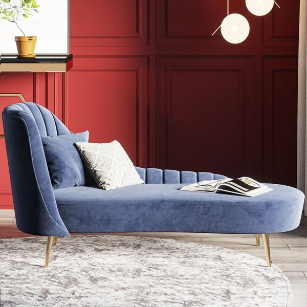 Modern Mid-Century Blue / Purple Velvet Upholstered Chaise Lounge with Golden Metal Legs