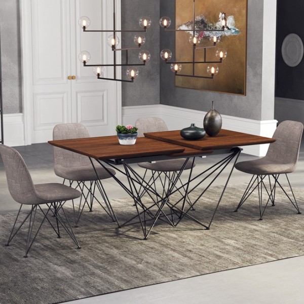 Modern Mid-Century Rectangular Extendable Dining Table Walnut Wood & Metal in Black 63" to 79"