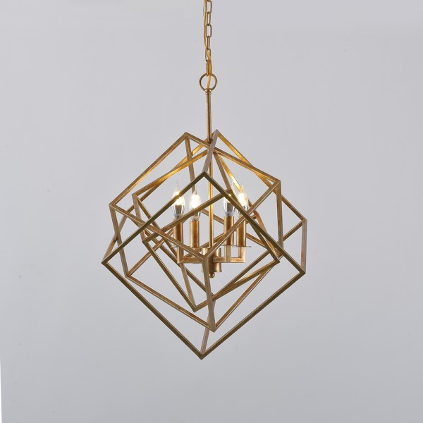 Luxury Modern Mid Century Square Geometric Candle Chandelier 4 Light 6 Antique Gold Ceiling For - Gold Geometric Ceiling Light