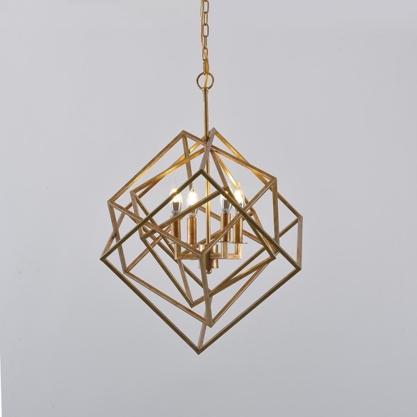 Modern Mid-Century Square Geometric Candle Chandelier 4-Light / 6-Light Antique Gold Ceiling Light