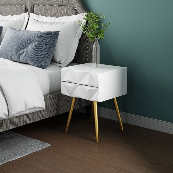 Modern Mid-Century Style White and Gold Nightstand 2-Drawer End Table with Metal Legs
