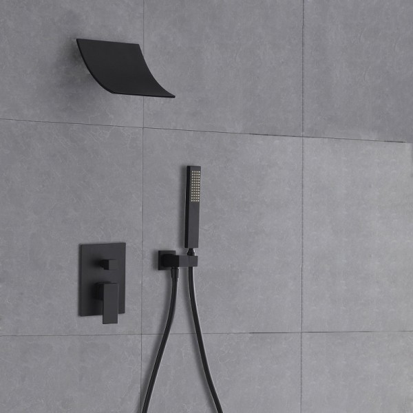 Modern Minimalist Style Wall Mount Waterfall Shower Head & Hand Shower System Matte Black
