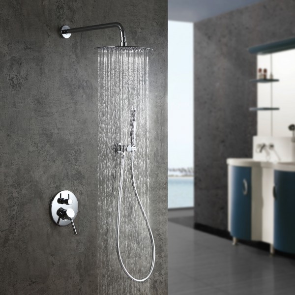 Modern Polished Chrome Wall Mounted Rain Shower System with Round Rainfall Shower Head Handheld Shower Set Solid Brass