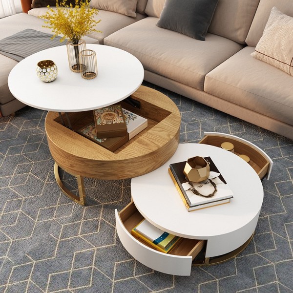 Modern Round Coffee Table with Storage Lift-Top Wood Coffee Table with Rotatable Drawers in White&Natural/White & Black/Marble&White