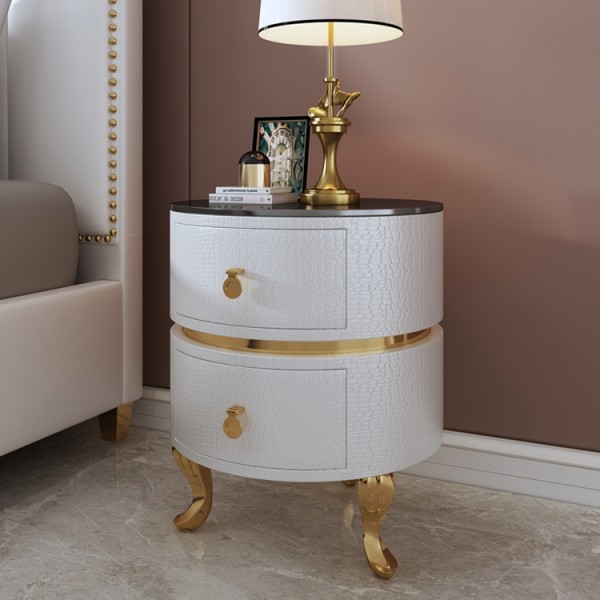 Modern Round Silver & Chrome/White & Gold Microfiber Leather Nightstand with Drawers Glass Top