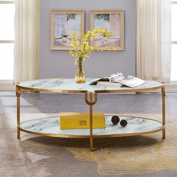 Modern Stylish Gold Glass Oval Coffee Table 2 Tier Cocktail Table Sticker Glass