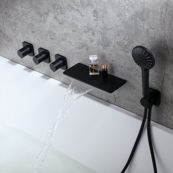 Luxury Modern Stylish Wall Mount Waterfall Bathtub Faucet With Hand Shower In Matte Black Solid Brass For - Bathtub Faucet Wall Mount With Hand Shower