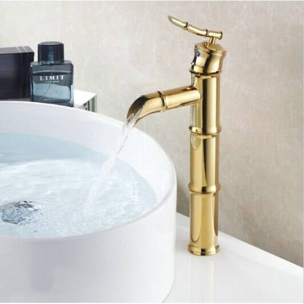 Modern Tall style bamboo design Deck mounted single handle Gold finish bathroom basin faucets G1042