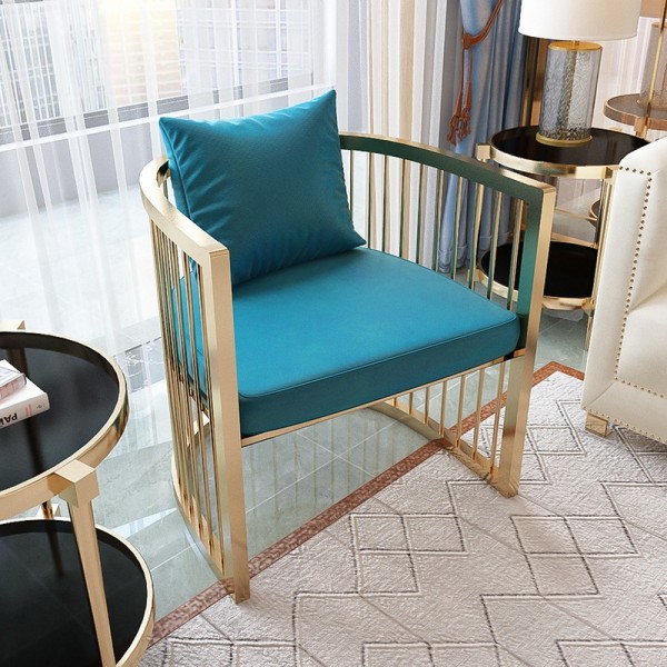 Modern Upholstered Armchair Blue Fabric Gold Barrel Chair Stainless Steel Frame Pillow Included