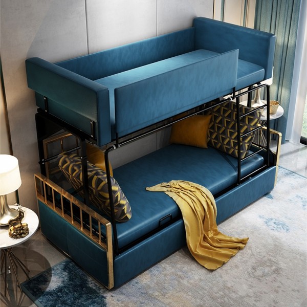 Luxury Modern Wood Bunk Bed Sleeper Sofa Blue Upholstered ...