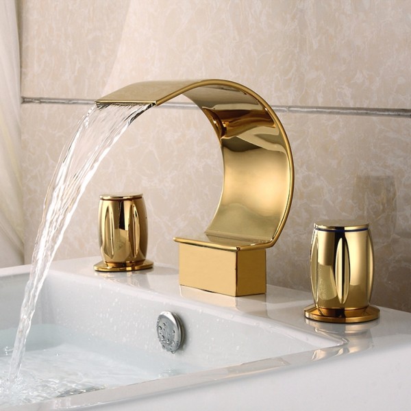 Luxury Mooni Modern Waterfall Widespread 2 Handle Bathroom Sink Faucet In Gold Solid Brass For - Sink Faucet Bathroom Gold