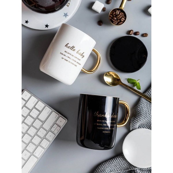 Mug European Gold Black And White Contrast Office Cup With Cover Couple Cup Spoon Cup Set