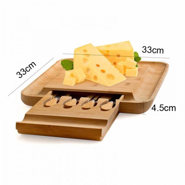 New Natural Bamboo Cheese Board Cutlery Knife Set With Slide Out Drawer Wooden Platter 4 Small Cutting Knives With Wood Handle