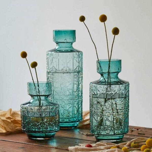 Nordic Blue Green Creative Embossed Glass Vase Living Room Hotel Soft Wedding Flower Arranger Vase Decoration Home