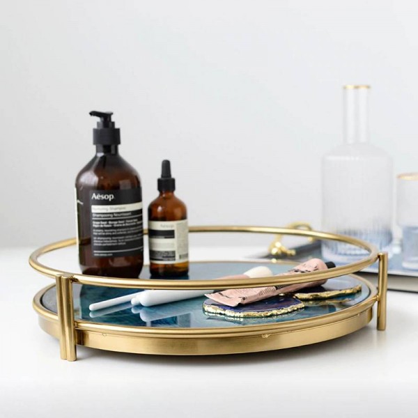 Nordic light luxury gold-plated glass storage tray display plate sample room decoration plate tea set chassis blue agate