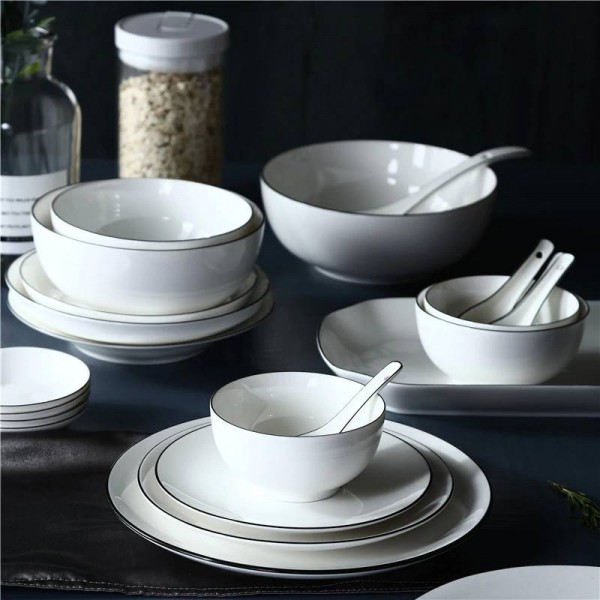 Nordic Procelain Tableware Set 2 person/4 person/6 people/ 8people/12person Simple Plate White Black Line Ceramic Dinnerware Set