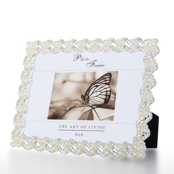 Picture Frame Made of Silver Plated Synthetic Diamond and Pearl and Glass for Table Top Display
