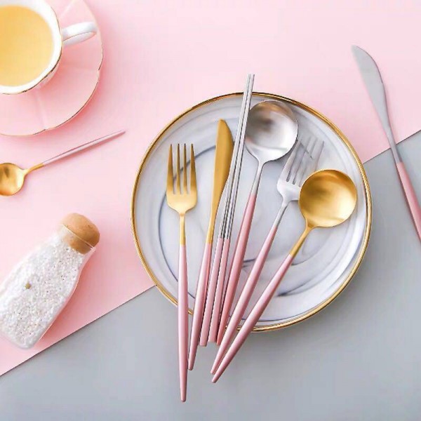 Pink Handle Cutlery Set Silver 18/10 Stainless Steel Dinnerware Fork Knife Scoops Silverware Home kitchen dinner Tableware set