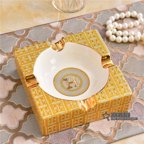 Porcelain ashtray ivory porcelain 2 sizes the checked design outline in gold square shape ashtray for home housewarming gifts