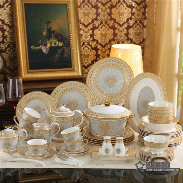 Porcelain dinnerware set bone mosaic design outline in gold 58pcs dinnerware sets dinner set coffee sets gifts