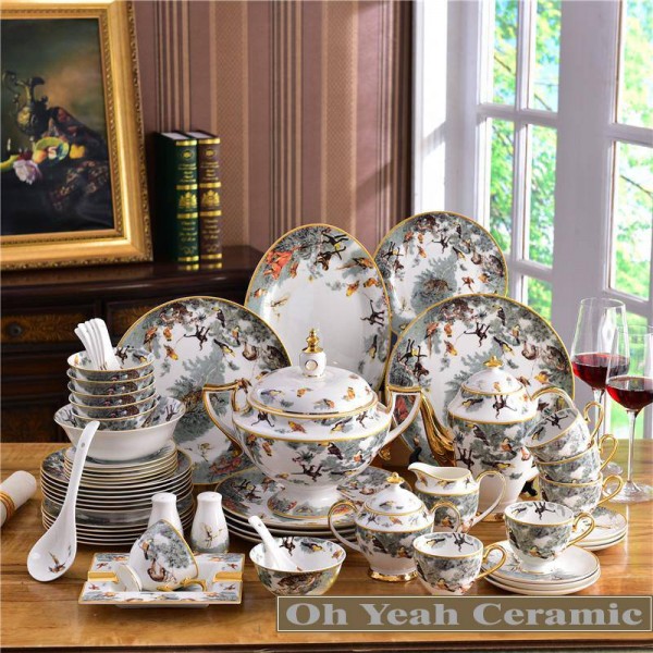 Porcelain dinnerware set bone zoology animal design embossed outline in gold 58pcs dinnerware s coffee sets wedding
