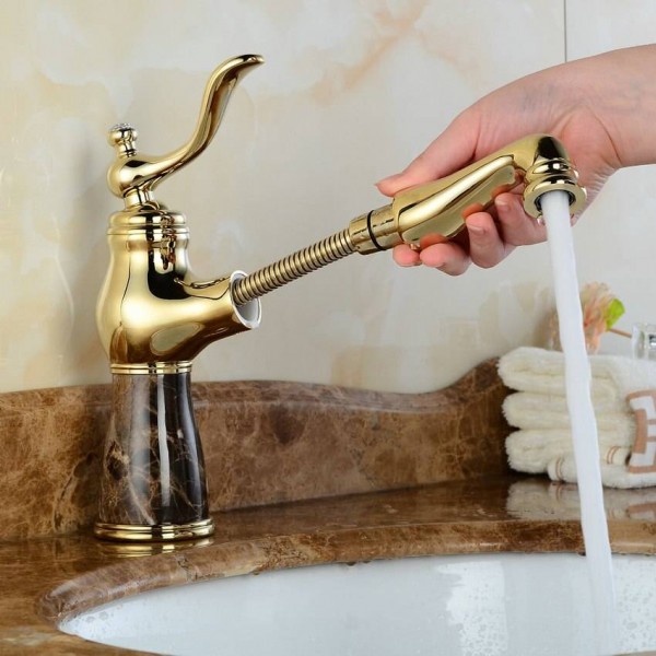 Pull Out Faucet Basin Faucet Golden/Rose Brass & Jade Hot Cold Mixer Basin Tap Luxury Faucet Crane