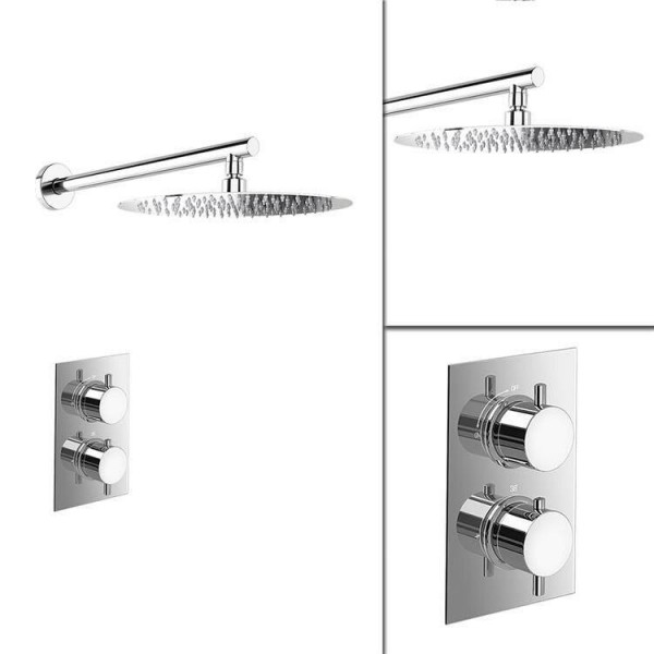 Round 12" Ultra Thin Mixer Shower Head Chrome Thermostatic valve Bathroom Set Wall Mounted