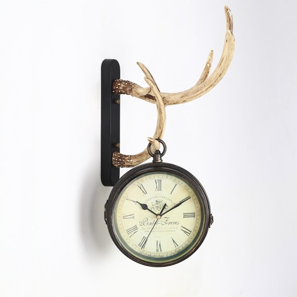Rustic Cottage Resin Antler Clock Hanging Wall Clock Two Sided Antique Clock
