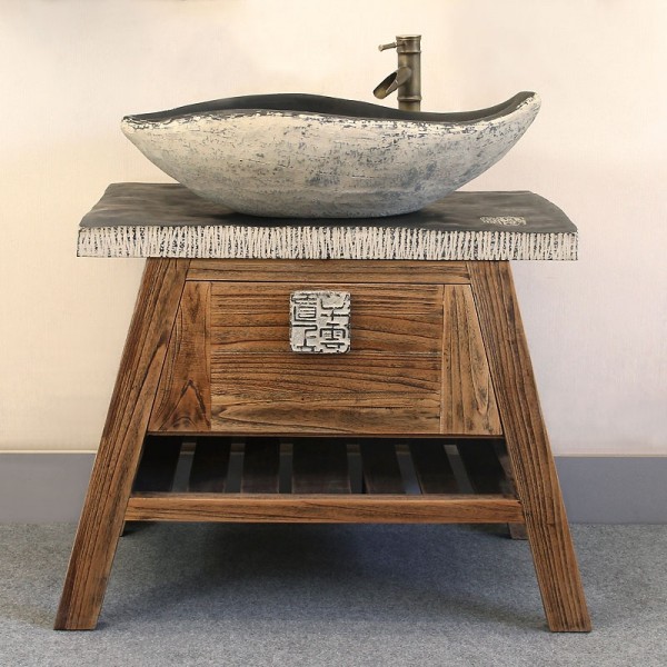 Luxury Rustic Vintage 36 Vessel Sink Single Console Bathroom Vanity Combo Solid Wood With Resin Faucet Included - Bathroom Vanity With Sink And Faucet Included