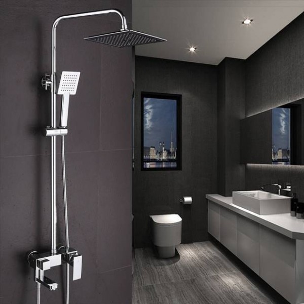 Shower Faucet Chrome Brass Wall Mount Square Big Rain Shower Set Faucet Bathroom Adjust Height Handheld Bathtub Mixer Tap 5811