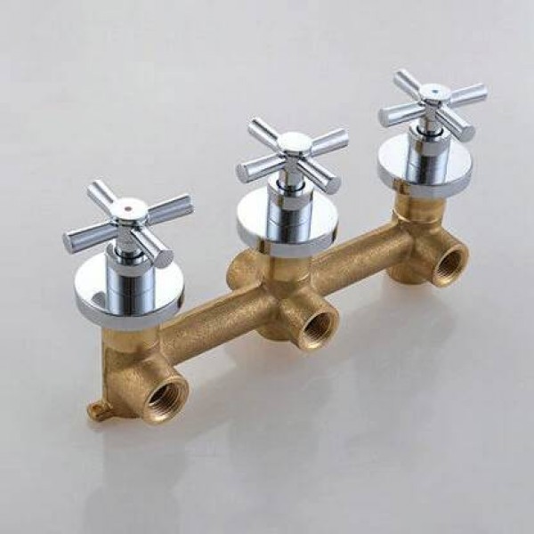 Shower Faucet Valve 3 Handwheel Four-way 2 Outlets Bathroom Bath Mixer Tap In-wall