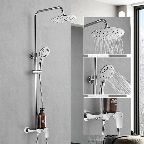 Shower Faucets Brass White Bathtub Faucet Square Tube Single Handle Top Rain Shower With Slide Bar Wall Water Mixer Tap