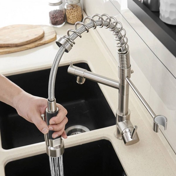 Spring Style Kitchen Faucet Brushed Nickel Faucet Pull Out Torneira All Around Rotate Swivel Water Outlet Mixer Tap 866026