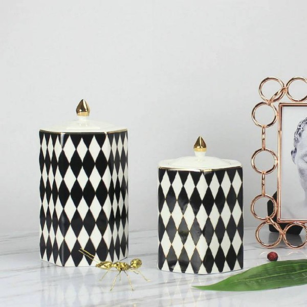 Storage Tank Black And White Diamond Plaid Ceramic Decorative Jar Home Decoration Decoration